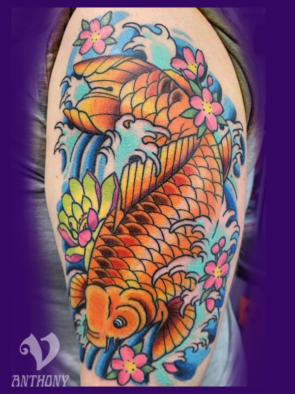 Japanese Koi Fish With Lotus Flowers Tattoo On Left Back Shoulder