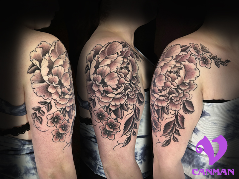 Garnet Delicate Black Peony Flower Outline Temporary Tattoo