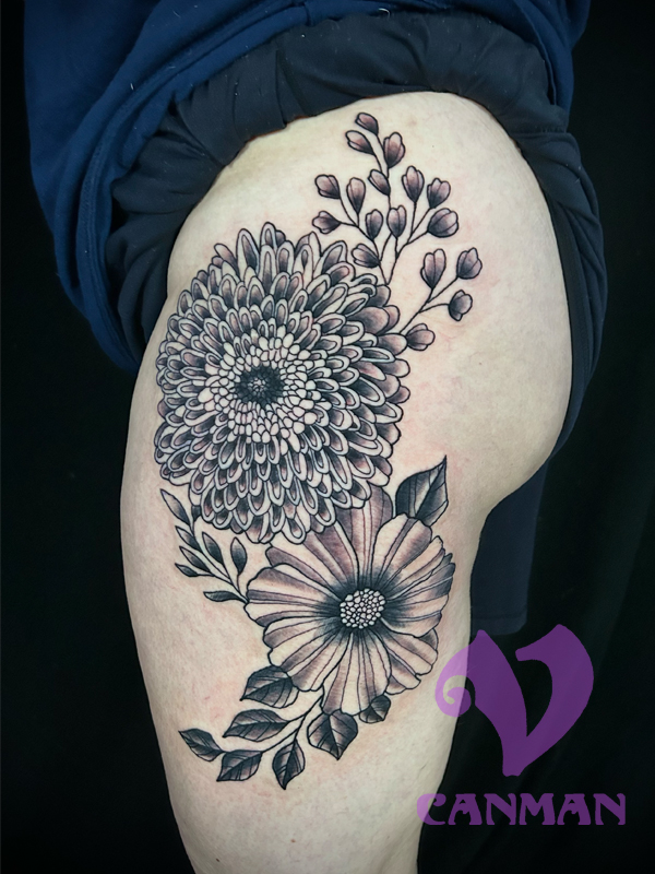 Outsider Tattoo Collective - Stunning chrysanthemum shoulders by Black to  Lines 💙 Contact Chris directly for booking! | Facebook